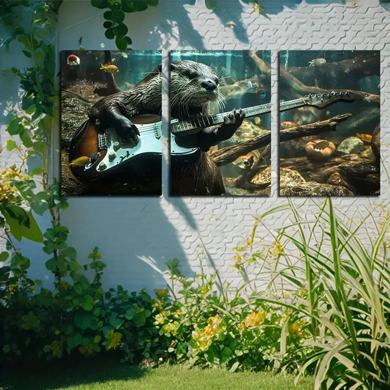3pcs An Otter Playing Guitar Illustration Metal Print Ready to Hang Art