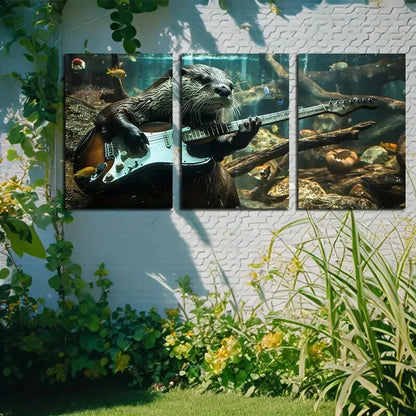 3pcs An Otter Playing Guitar Illustration Metal Print Ready to Hang Art