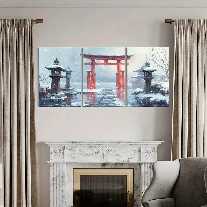 3pcs Winter Wonderland Torii Gate Snowy Landscape Metal Print Ready to Hang Art