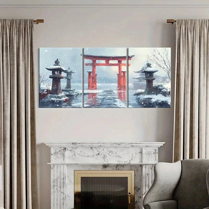 3pcs Winter Wonderland Torii Gate Snowy Landscape Metal Print Ready to Hang Art