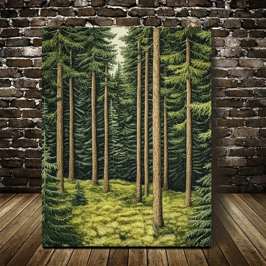 Vibrant Pine Forest Scene with Lush Green Trees 40x60cm Metal Print Ready to Hang