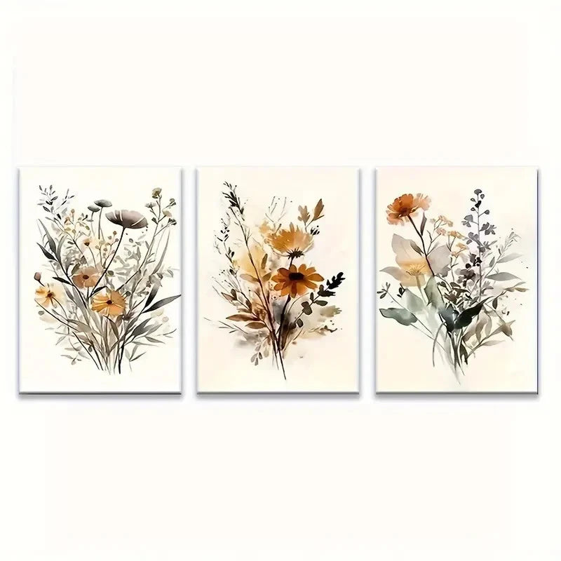 3pcs Wildflower Art Painting Bohemian Style Metal Print Ready to Hang Art