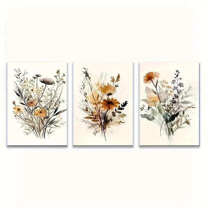 3pcs Wildflower Art Painting Bohemian Style Metal Print Ready to Hang Art
