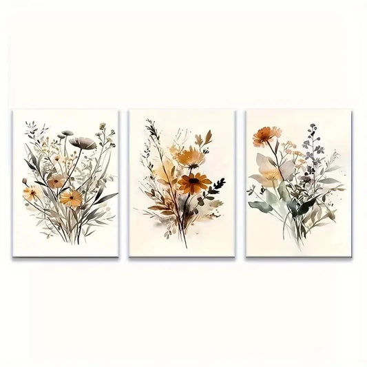 3pcs Wildflower Art Painting Bohemian Style Metal Print Ready to Hang Art