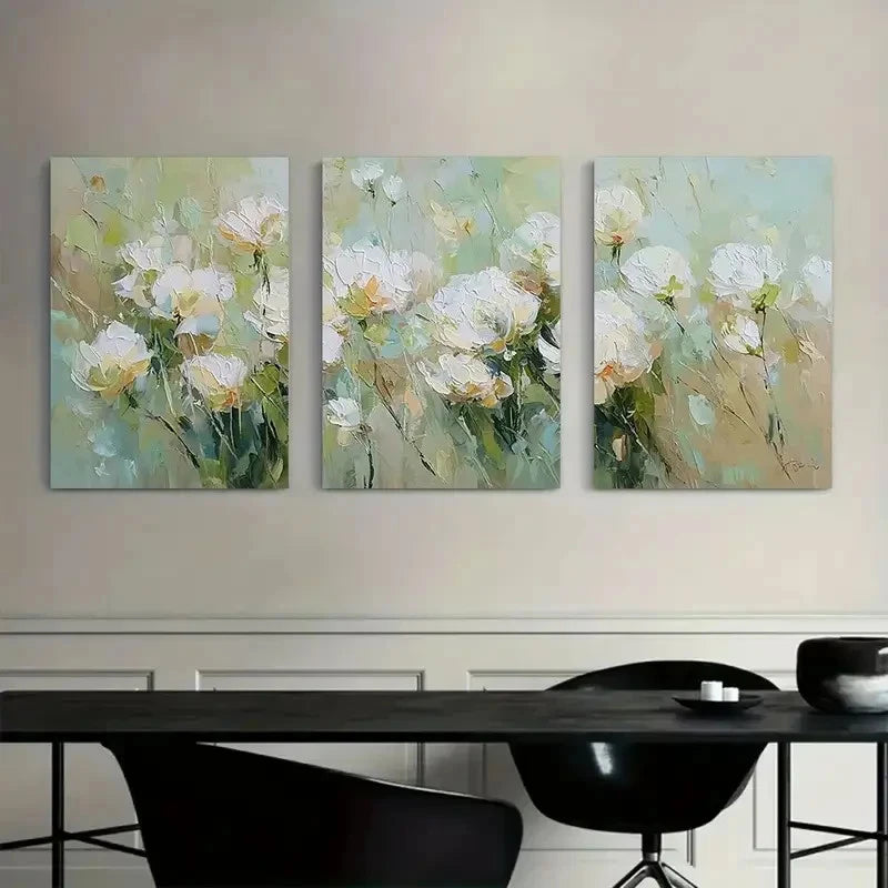 3pcs White Flower Study in Soft Green-Beige Metal Print Ready to Hang Art