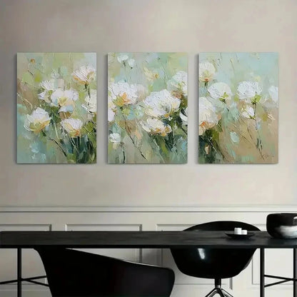 3pcs White Flower Study in Soft Green-Beige Metal Print Ready to Hang Art