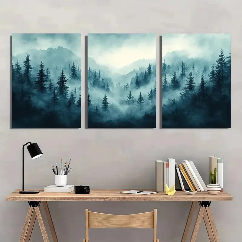 3pcs Foggy Forest Watercolor Landscape Art Metal Print Ready to Hang Art