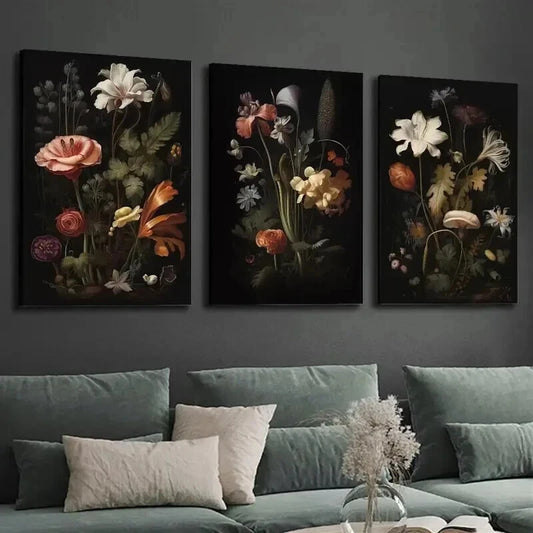 3pcs Dark Botanical Gallery Decor Wall Art Set Canvas Framed 50x70cm - High Quality Print 100% Australian Made Wall Canvas Ready to Hang