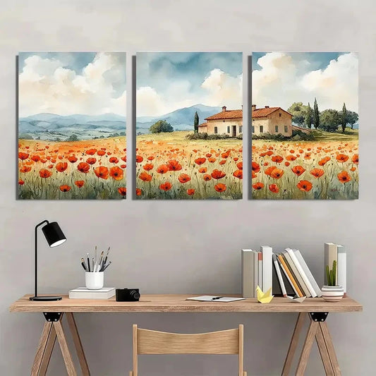 3pcs Tuscany Wildflower Poppies Field Perfect Wall Art Set Canvas Framed 40x60cm - High Quality Print 100% Australian Made Wall Canvas Ready to Hang