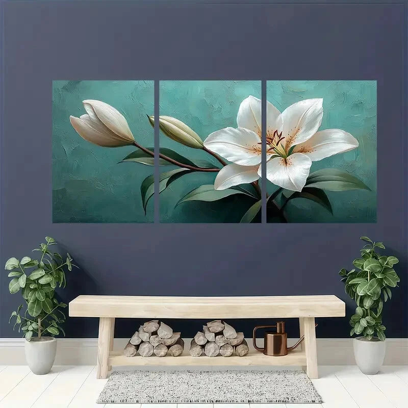 3pcs Elegant White Lily Aesthetic Flower Metal Print Ready to Hang Art