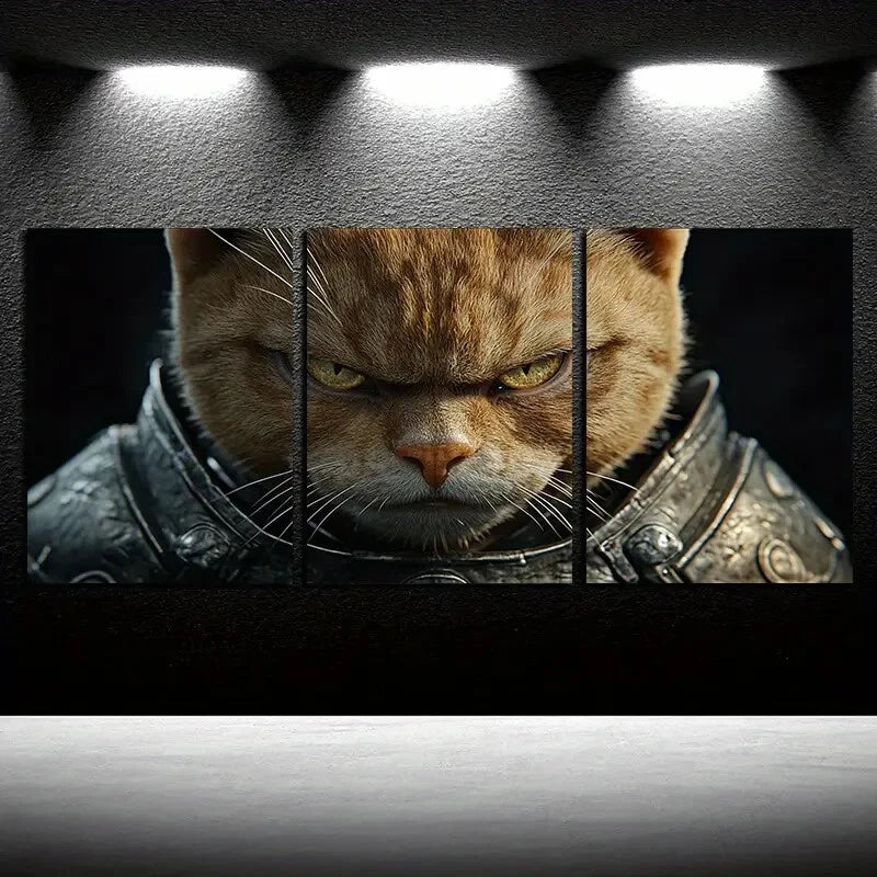 3pcs Knight Cat Armor Design Metal Print Ready to Hang Art