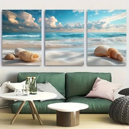 3pcs Sea Shells On White Sand Beach Metal Print Ready to Hang Art