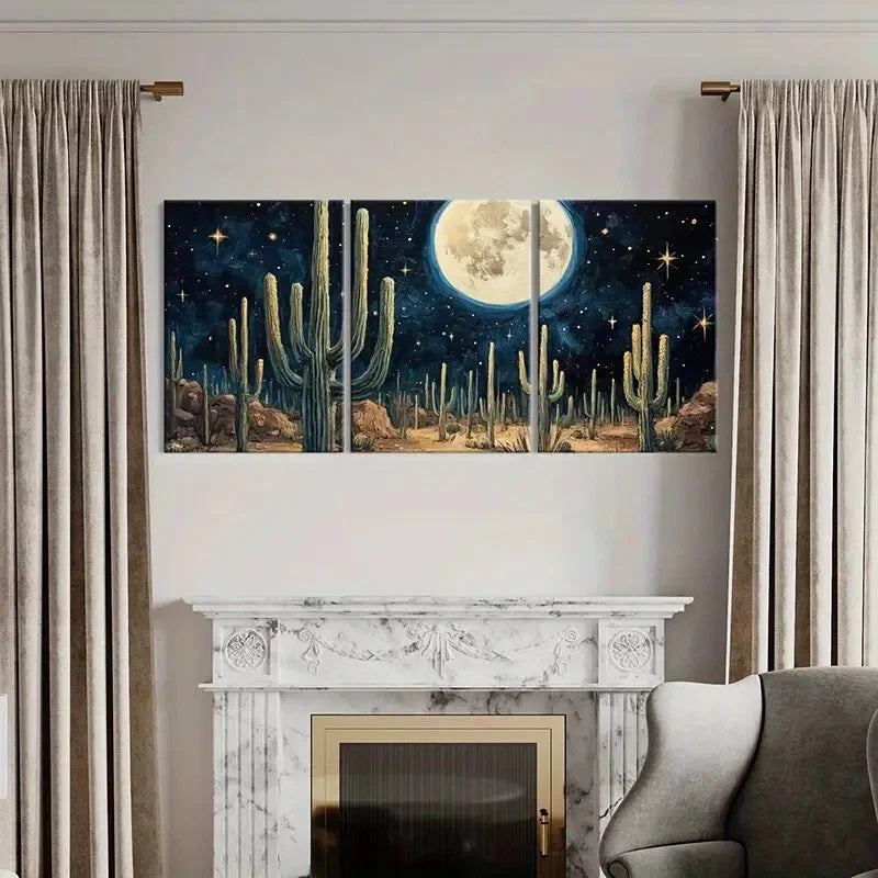 3pcs Moonlit Desert Cactus Night Sky Stars Metal Print Ready to Hang Art
