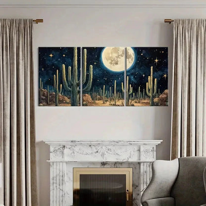 3pcs Moonlit Desert Cactus Night Sky Stars Metal Print Ready to Hang Art