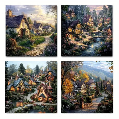 4pcs Vibrant Evening Scenes with Stone Houses Wall Art Canvas Framed