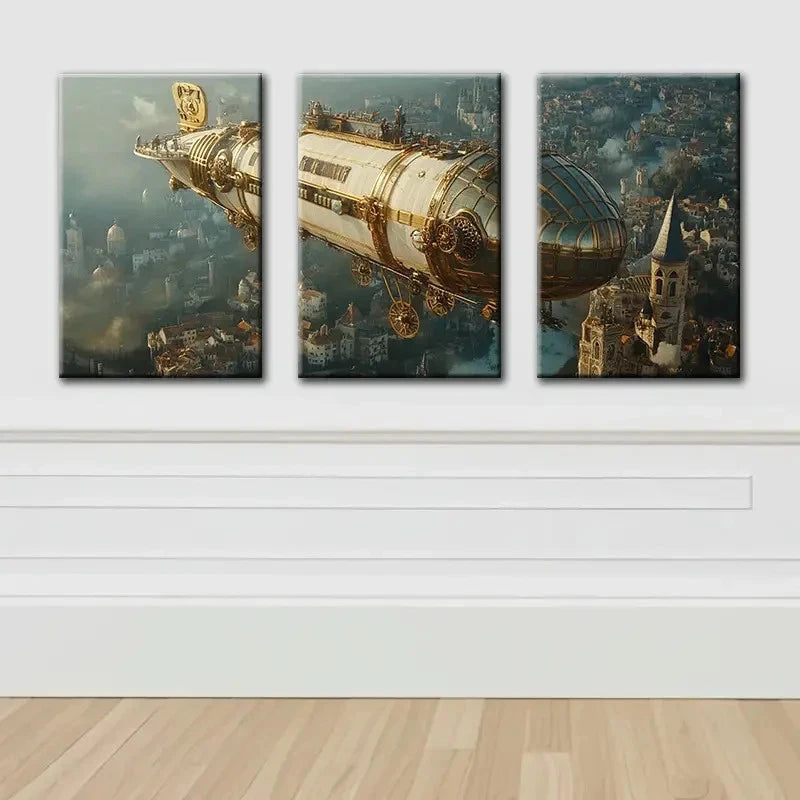 3pcs Steampunk Airship Vintage Style Wall Art Set Canvas Framed 60x90cm - High Quality Print 100% Australian Made Wall Canvas Ready to Hang