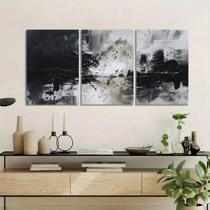 3pcs Abstract Black & White Brushstrokes Metal Print Ready to Hang Art