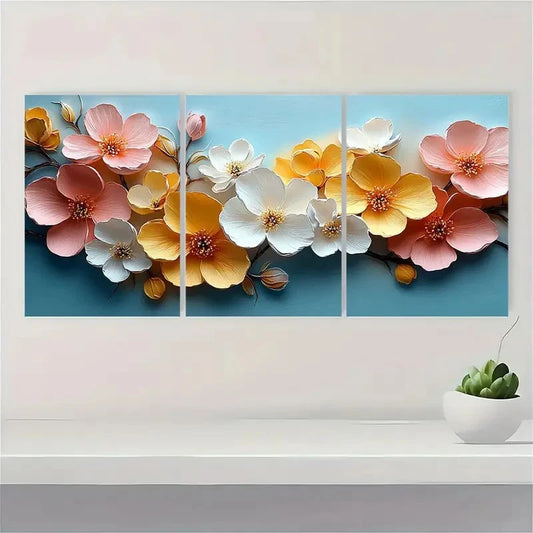 3pcs Pastel Pink Yellow White Blossoms Metal Print Ready to Hang Art