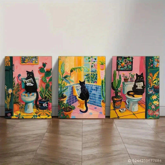 3pcs lack Cat on Toilet Oil Painting Fun Bathroom Metal Print Ready to Hang Art