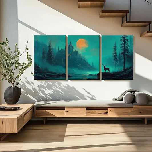 3pcs Mystical Castle Deer Silhouette Forest Metal Print Ready to Hang Art