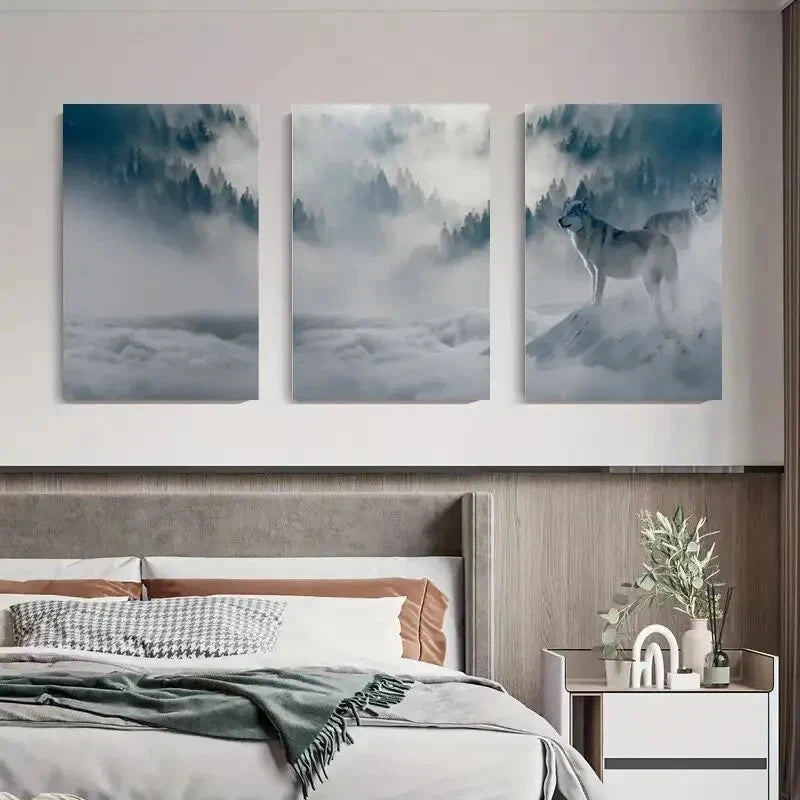 3pcs Wolf in Misty Mountains Snowy Forest Metal Print Ready to Hang Art