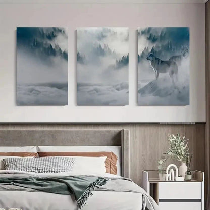 3pcs Wolf in Misty Mountains Snowy Forest Metal Print Ready to Hang Art