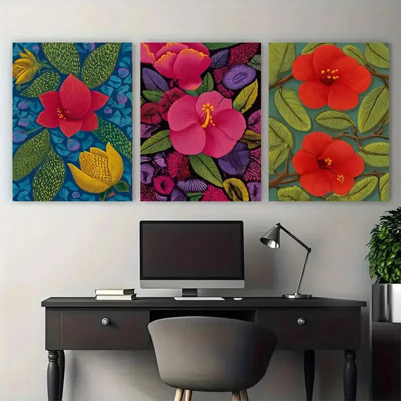 3pcs Vintage Cali Colombia Floral Illustration Wall Art Set Canvas Framed 50x70cm - High Quality Print 100% Australian Made Wall Canvas Ready to Hang