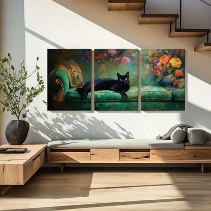3pcs Black Cat Floral Background Green Sofa Metal Print Ready to Hang Art