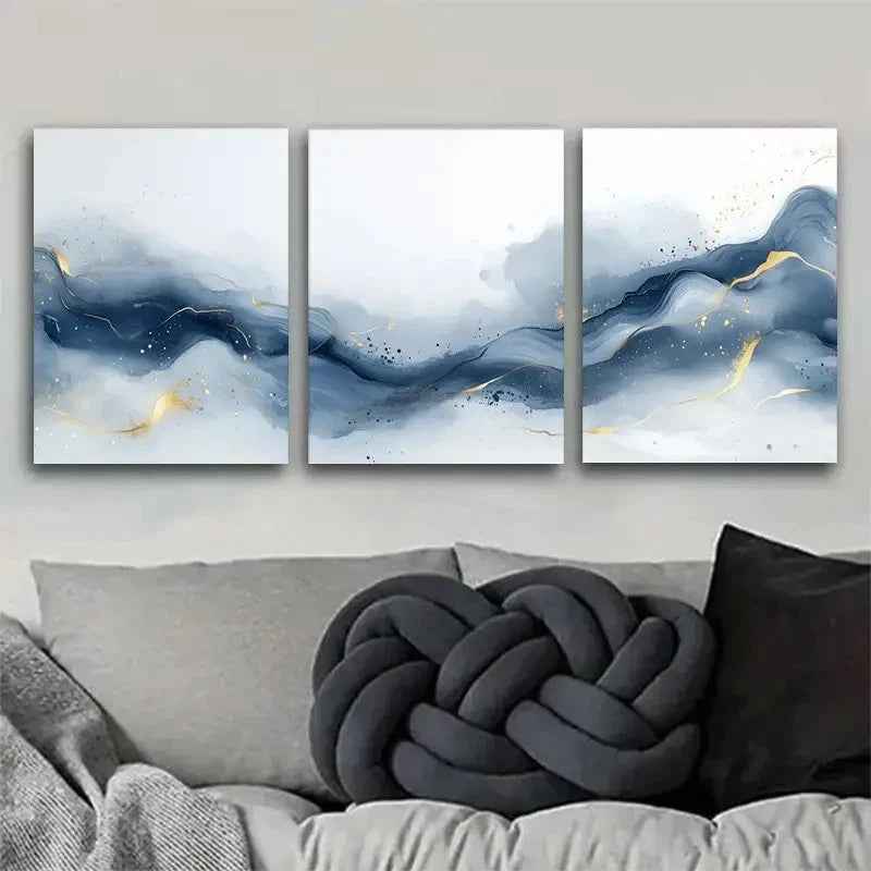 3pcs Abstract Blue and Golden Wave Pattern Metal Print Ready to Hang Art