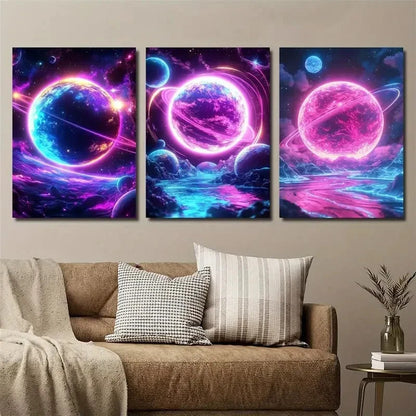 3pcs Neon Glow-in-the-Dark Space Galaxy Metal Print Ready to Hang Art