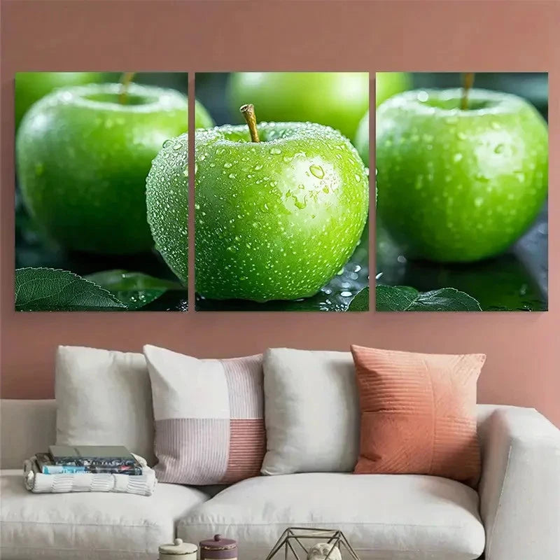 3pcs Green Apple Fruits Still Life Illustration Wall Art Set Canvas Framed 60x90cm - High Quality Print 100% Australian Made Wall Canvas Ready to Hang