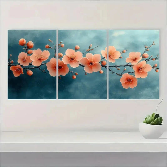 3pcs Peach Blossom Floral Watercolor Art Prints Metal Print Ready to Hang Art