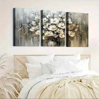 3pcs White and Silvery Floral Decoration Wall Art Set Canvas Framed 40x60cm - High Quality Print 100% Australian Made Wall Canvas Ready to Hang