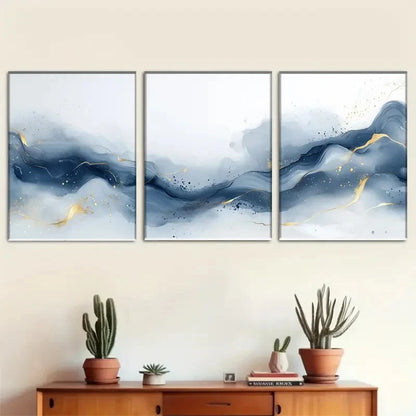 3pcs Abstract Blue and Golden Wave Pattern Metal Print Ready to Hang Art