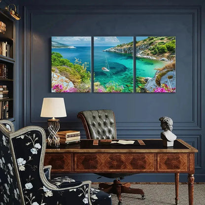 3pcs Seaside Tranquility Sailboat Crystal Metal Print Ready to Hang Art