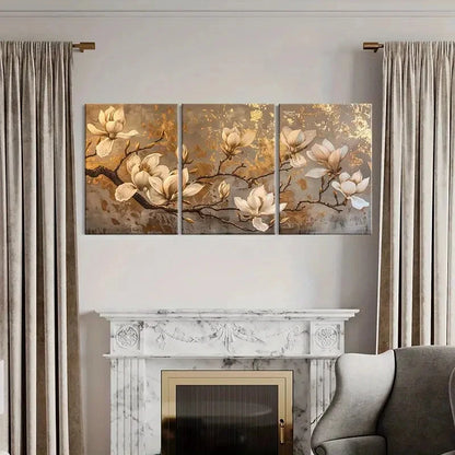 3pcs Magnolia Golden Leaf Floral Art Vintage Metal Print Ready to Hang Art