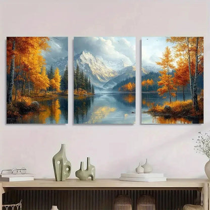 3pcs Autumn Forest & Mountain Landscape Painting Metal Print Ready to Hang Art