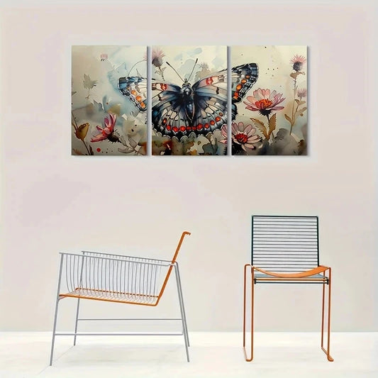 3pcs Vibrant Blue Butterfly Orange Flowers Metal Print Ready to Hang Art