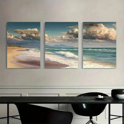 3pcs Beach with Waves and Sand Under a Beautiful Metal Print Ready to Hang Art