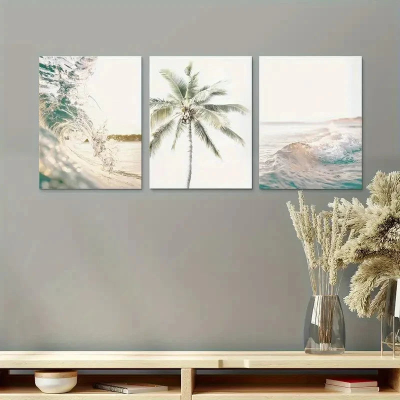 3pcs Ocean Waves Palm Trees & Surfing Scenes Metal Print Ready to Hang Art