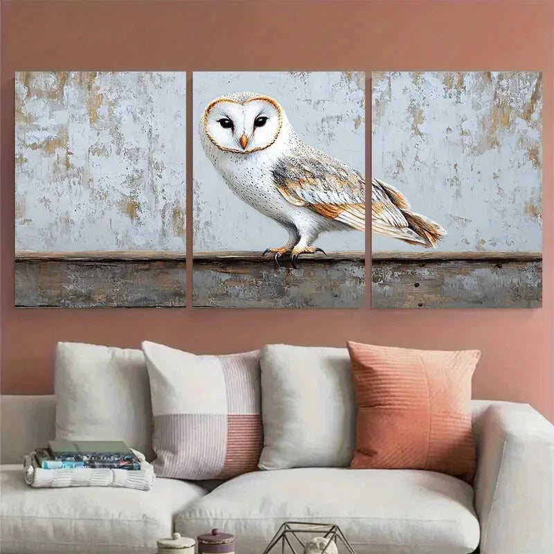 3pcs White Barn Owl Birds Rustic Design Metal Print Ready to Hang Art