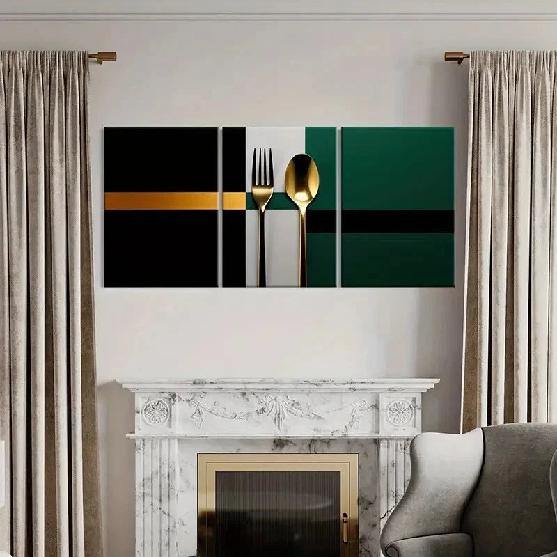 3pcs Golden Cutlery Abstract Design Modern Art Metal Print Ready to Hang Art