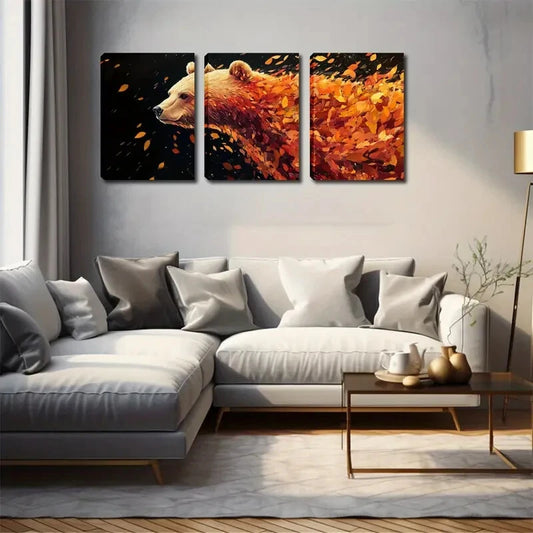 3pcs Modern Bear & Autumn Leaves Décor Perfect Wall Art Set Canvas Framed 40x60cm - High Quality Print 100% Australian Made Wall Canvas Ready to Hang