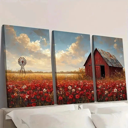 3pcs Field with Weathered Red Barn & Windmill Wall Art Set Canvas Framed 40x60cm - High Quality Print 100% Australian Made Wall Canvas Ready to Hang
