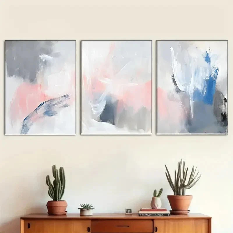 3pcs Pink Gray and Blue Abstract Brushstrokes Metal Print Ready to Hang Art