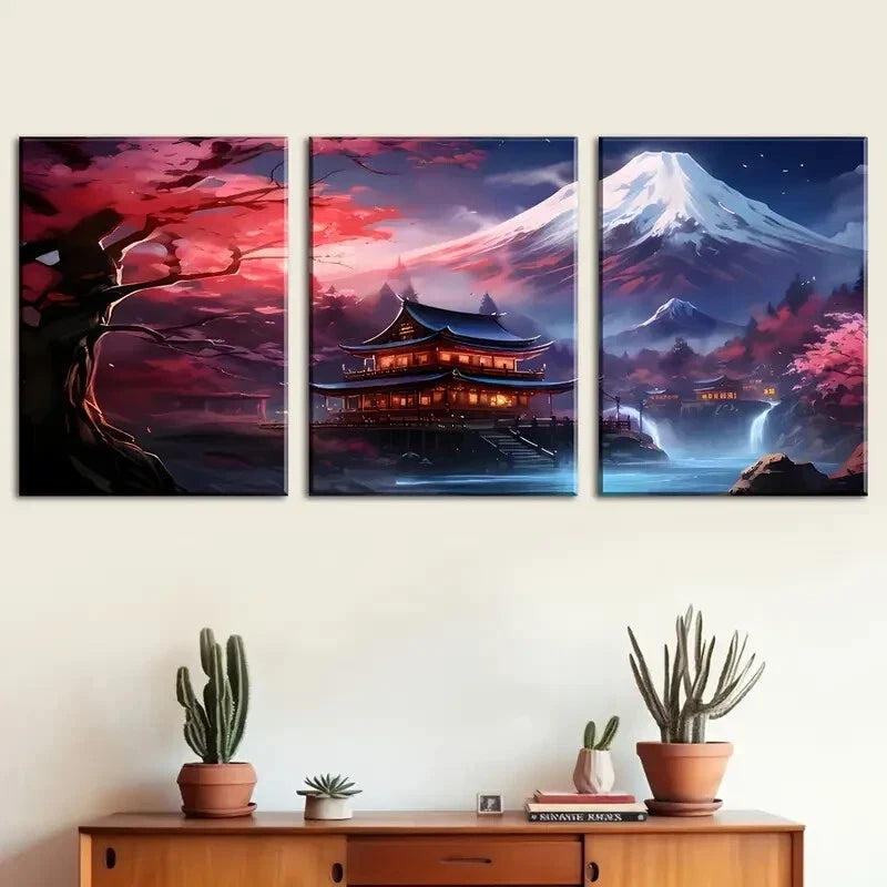 3pcs Japanese-Style Ancient Architecture Mount Metal Print Ready to Hang Art