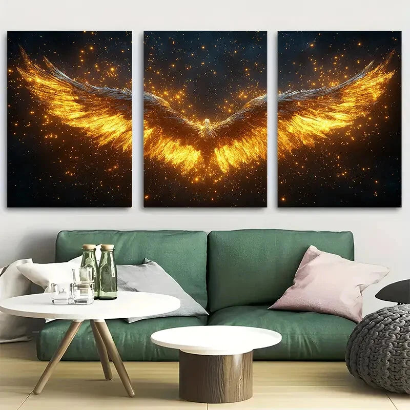 3pcs Vibrant Golden Angelic Wings Metal Print Ready to Hang Art