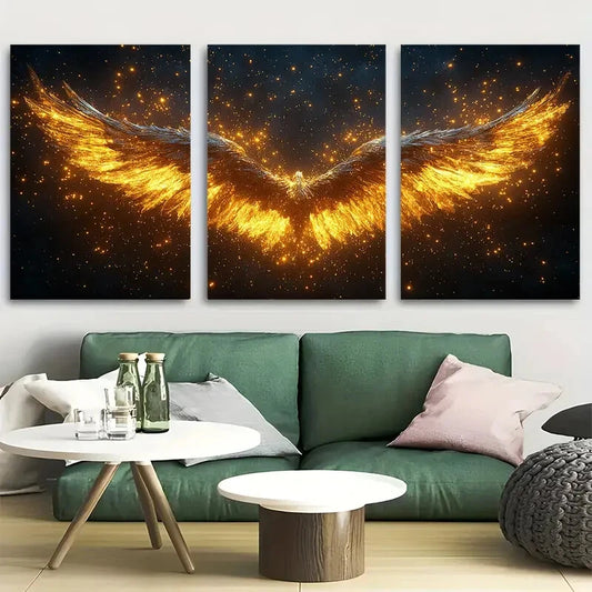 3pcs Vibrant Golden Angelic Wings Metal Print Ready to Hang Art