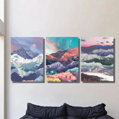 3pcs Bohemian style mountain art, fantasy color Metal Print Ready to Hang Art