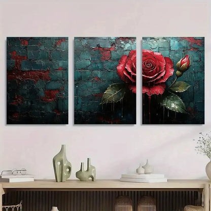 3pcs Bright Red Roses & Green Leaves Metal Print Ready to Hang Art